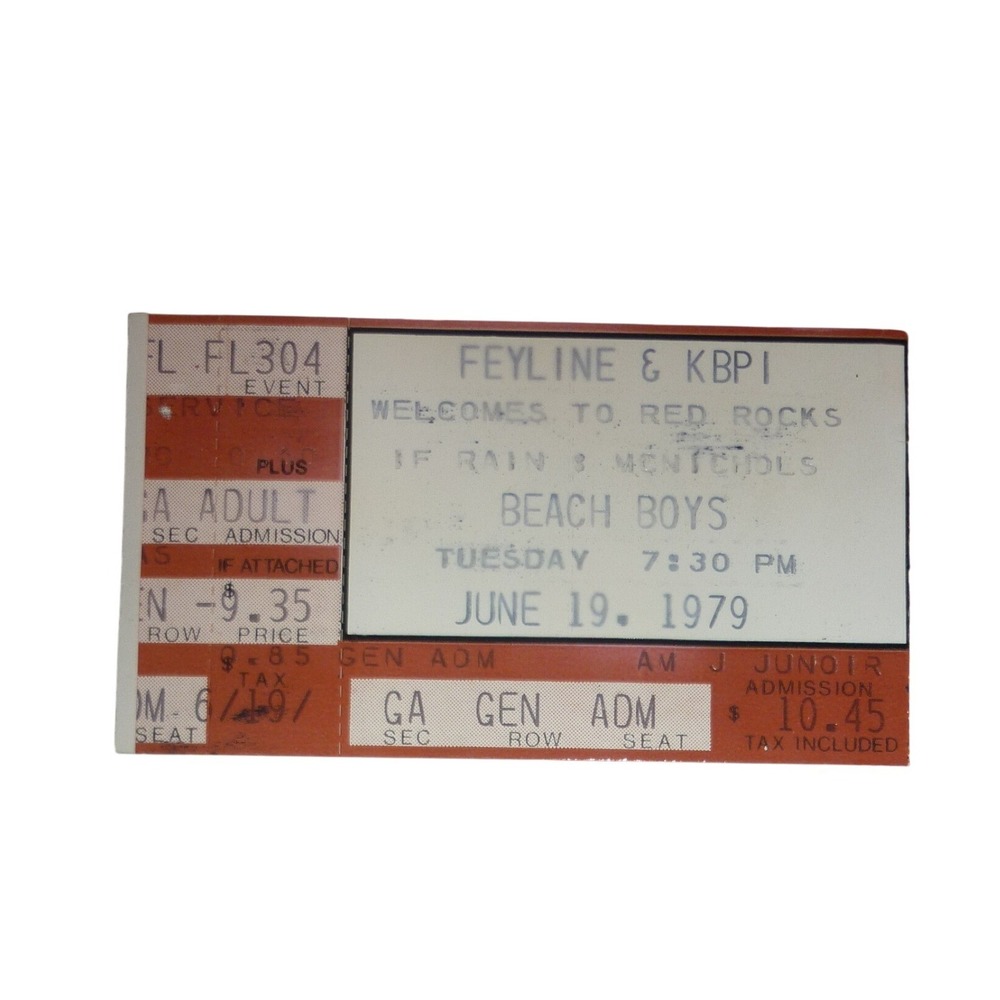 Vintage 1979 Beach Boys Red Rocks Concert Ticket Stub June 19 Feyline KBPI 70s